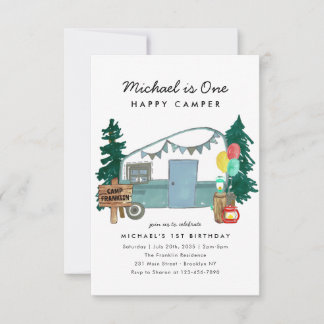Budget One Happy Camper Trees Camping 1. Geburtsta Mitteilungskarte