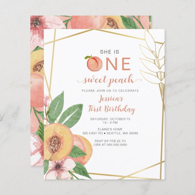 Budget One Sweet Peach First Birthday photo Invite (Vorne/Hinten)