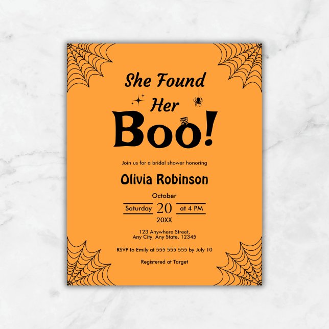 Budget Orange Black Halloween Brautparty Einladung (Budget Orange She Found Her Boo Halloween Bridal Shower Invitation  )