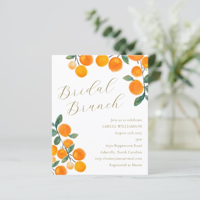 Budget Orange Citrus Fruit Bridal Brunch Einladung (Stehend Vorderseite)