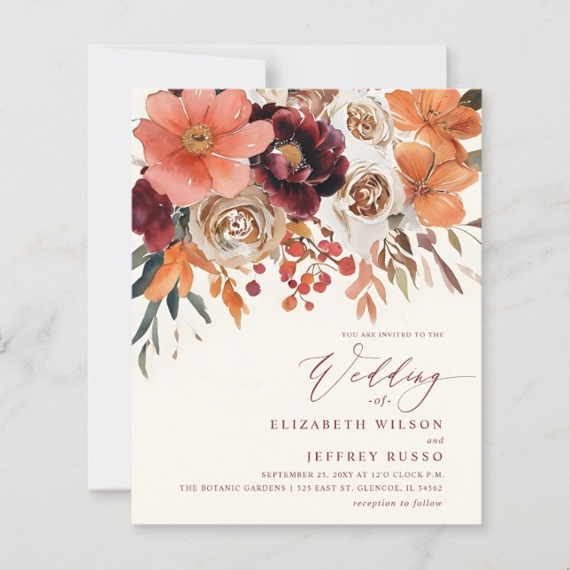 Budget Orange Floral Fall Wedding Invitation (Vorderseite)