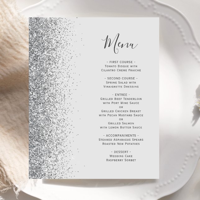 Budget Pale Gray Silver Glitzer Wedding Menu (Von Creator hochgeladen)