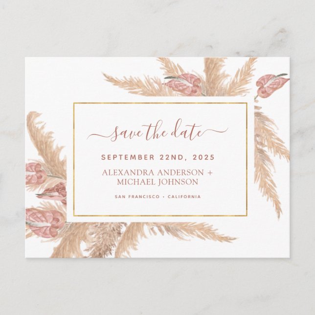 Budget Pampas Grass Boho Save the Date Postkarte (Vorderseite)