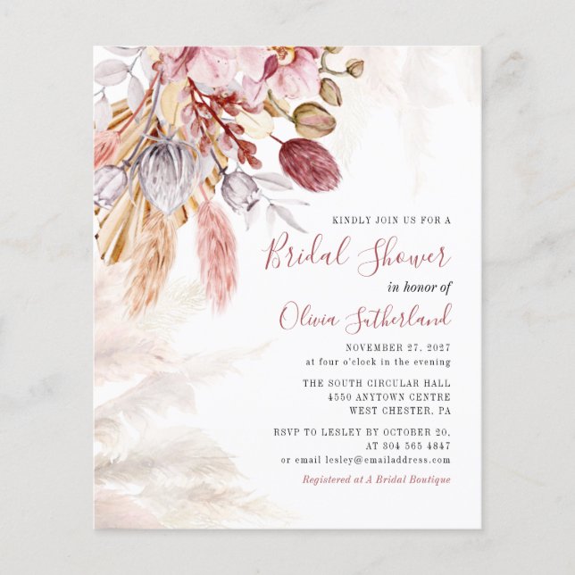 Budget Pampas Grass Botanical Script Brautparty (Vorderseite)