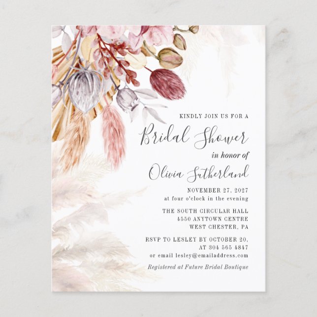 Budget Pampas Grass Bridal Dusche Einladung (Vorderseite)