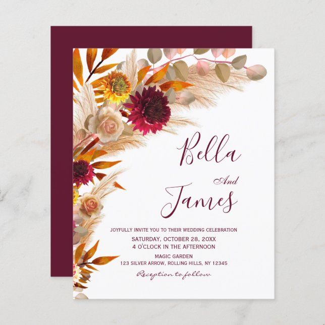 Budget Pampas Grass Floral Boho Hochzeitseinladung (Vorne/Hinten)