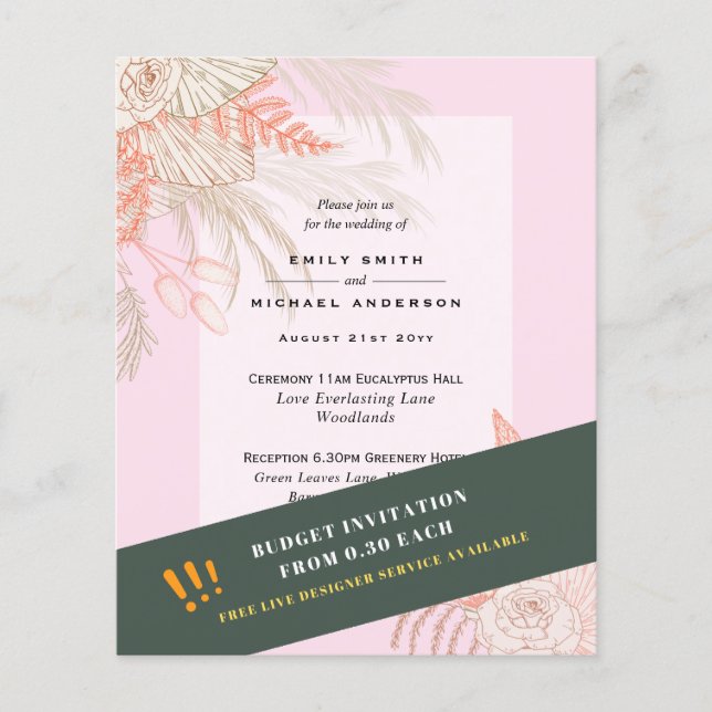 BUDGET Pampas Grass Terracotta Rosa Hochzeit Einla Flyer (Vorne)