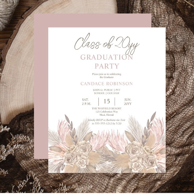 BUDGET Pampas | Rose Neutral Grad Party Invit (BUDGET Pampas Grass and Roses Mocha and Neutral-Toned Graduation Party Invitation)