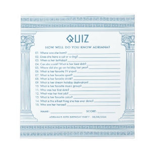 Budget-Party-Quiz mit griechischem Tempel in Blau Notizblock
