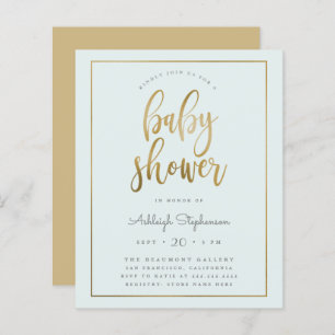 Budget Pastel Blue Gold Typografie Boy Baby Dusche