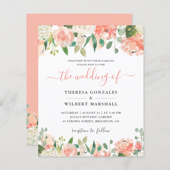 Budget Pastel Coral und Peach Wedding Einladung (Vorne/Hinten)