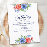 Budget Patriotic Floral Red Blue Birthday Einladun Postkarte<br><div class="desc">Diese eleganten und modernen patriotischen Einladungen mit wunderschönen Aquarellfarben-Blume in Rot, Weiß und Blau machen sie zur perfekten Wahl für den 4. Juli Geburtstag oder Militärgeburtstag. Das Design ist sowohl patriotisch als auch blumenreich und zeichnet sich durch eine perfekte Balance zwischen den beiden Themen aus. Besuchen Sie unsere patriotische Geburtstagskollektion...</div>