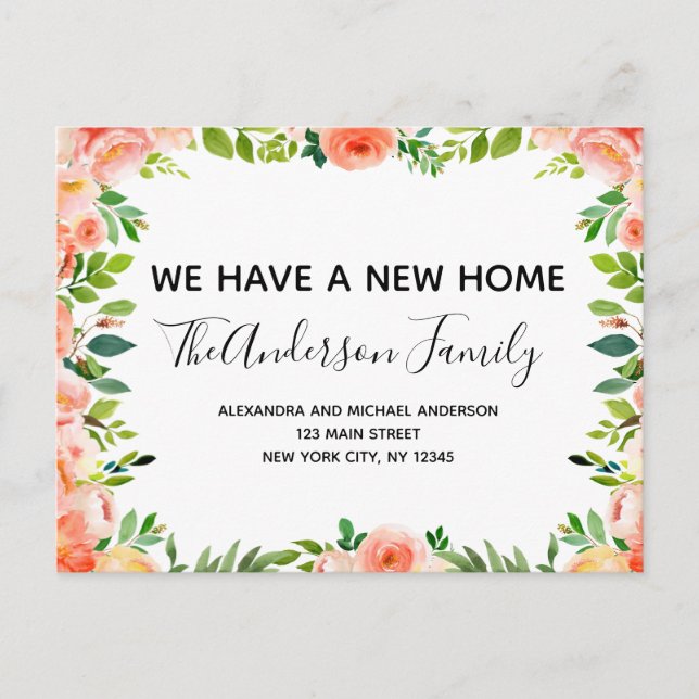 Budget Peach Coral Floral Moving Announction Post Postkarte (Vorderseite)