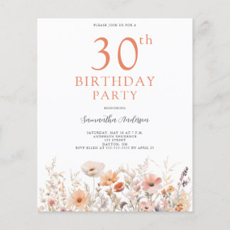 Budget Peach Floral 30. Geburtstag Einladung Flyer