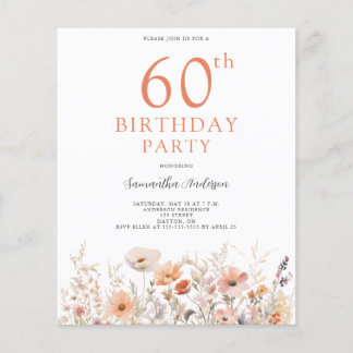 Budget Peach Floral 60. Geburtstag Einladung Flyer