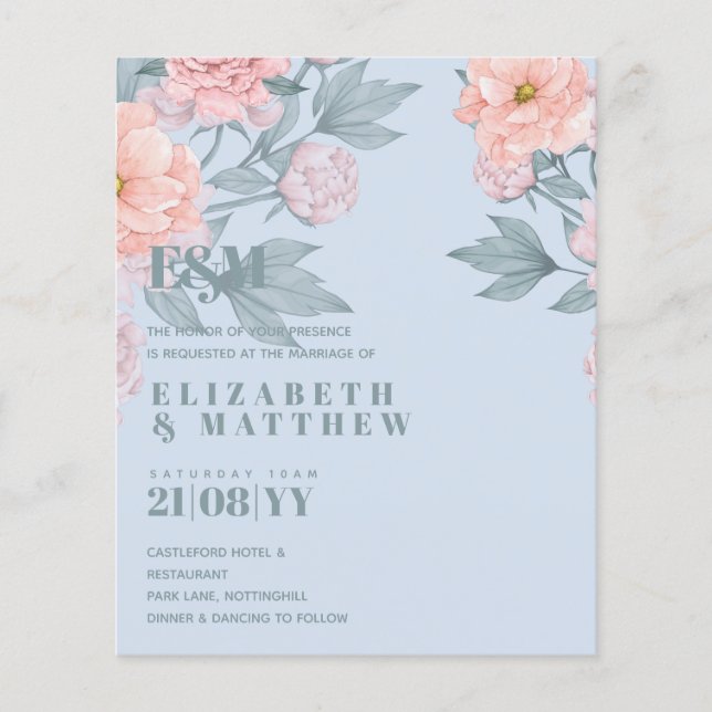 Budget Peach floral Dusty Blue Sage Leaf Hochzeit (Vorderseite)