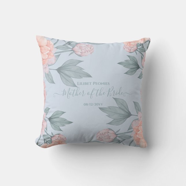 Budget Peach floral Dusty Blue Sage Leaf Hochzeit Kissen (Vorderseite)