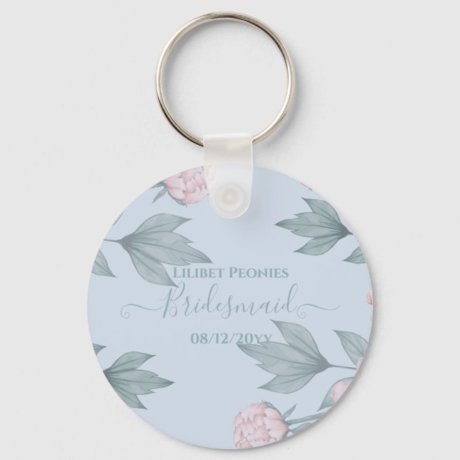 Budget Peach floral Dusty Blue Sage Leaf Hochzeit Schlüsselanhänger (Vorderseite)