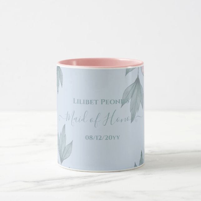 Budget Peach floral Dusty Blue Sage Leaf Hochzeit Tasse (Zentrum)