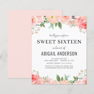 Budget Peach Floral Sweet 16 Geburtstag Einladung
