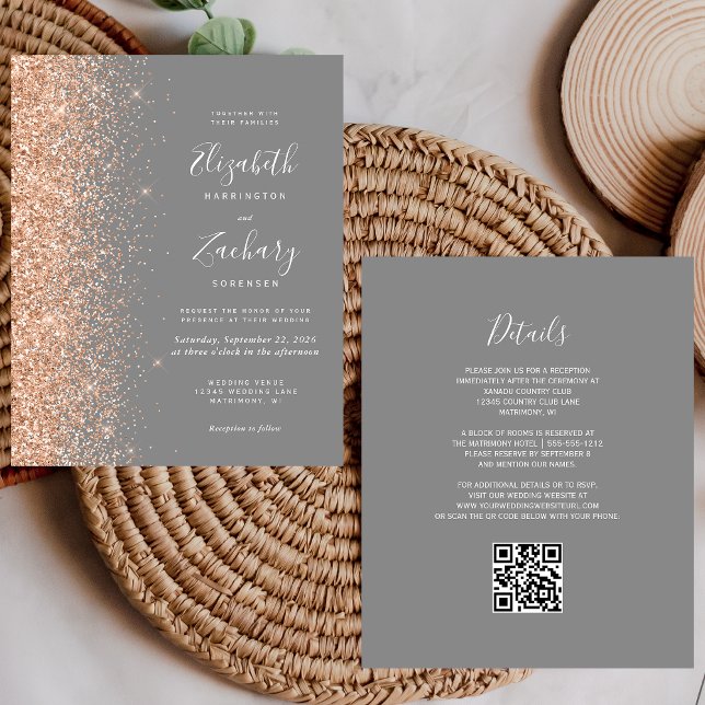 Budget Peach Glitzer Graue QR Code Hochzeit Einlad (Von Creator hochgeladen)