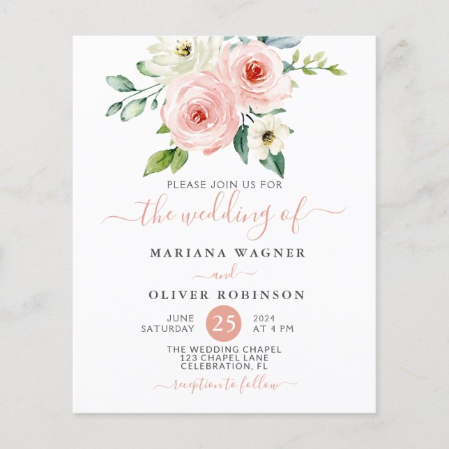 Budget Peach White Watercolor Floral Wedding Flyer (Vorne)