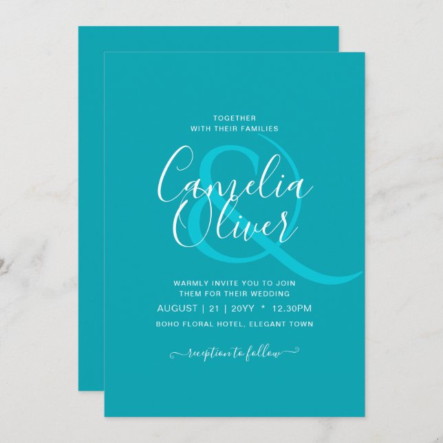 BUDGET Peacock Blue Aquamarin Monochrome Hochzeit Einladung (Vorne/Hinten)