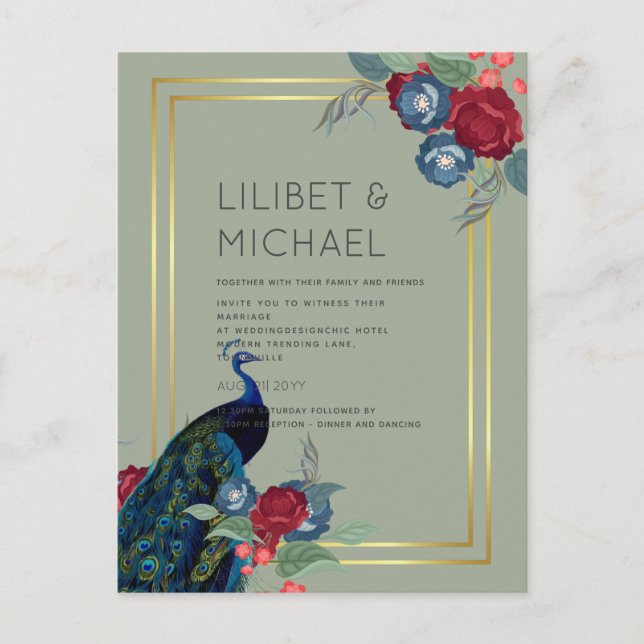 BUDGET Peacock Blue Burgundy Winter Hochzeit im He Postkarte (Vorderseite)