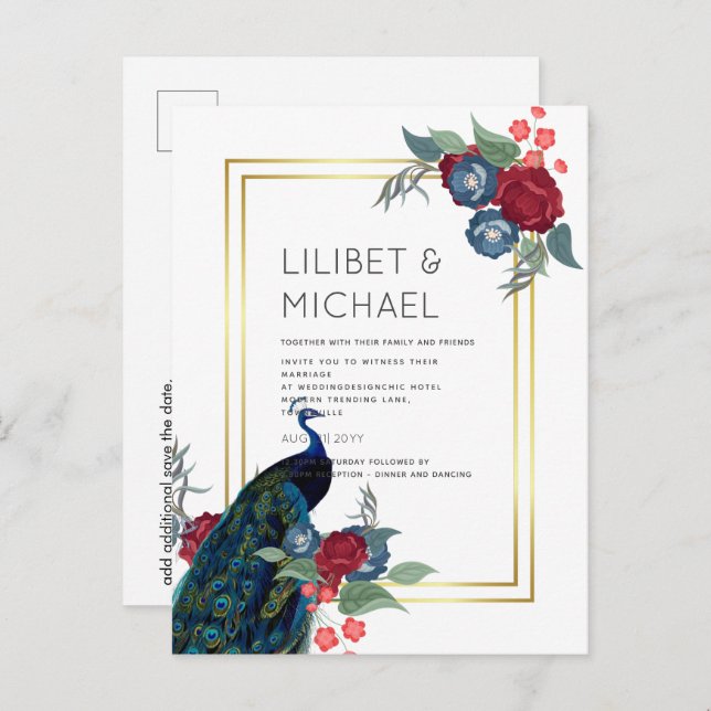 BUDGET Peacock Blue Burgundy Winter Hochzeit im He Postkarte (Vorne/Hinten)