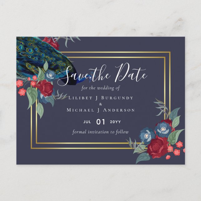 BUDGET Peacock Blue Burgundy Winter Hochzeit im He Postkarte (Vorderseite)