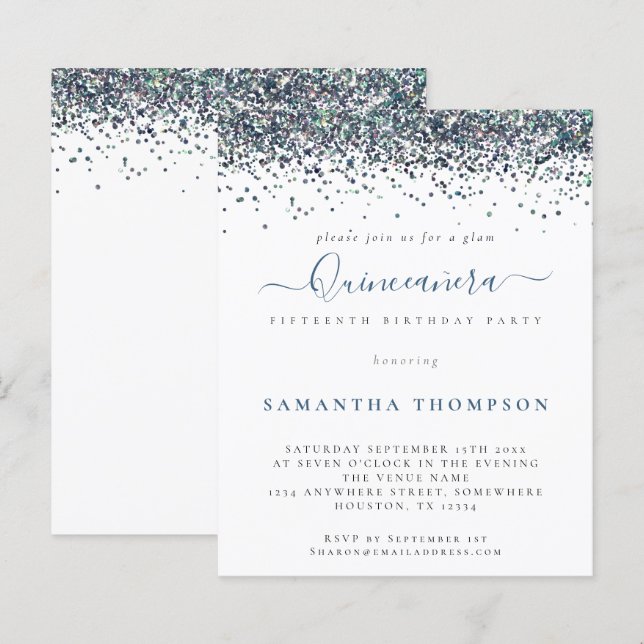 Budget Peacock Blue Glitzer Quinceañera Einladung (Vorne/Hinten)