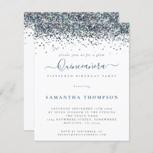 Budget Peacock Blue Glitzer Quinceañera Einladung