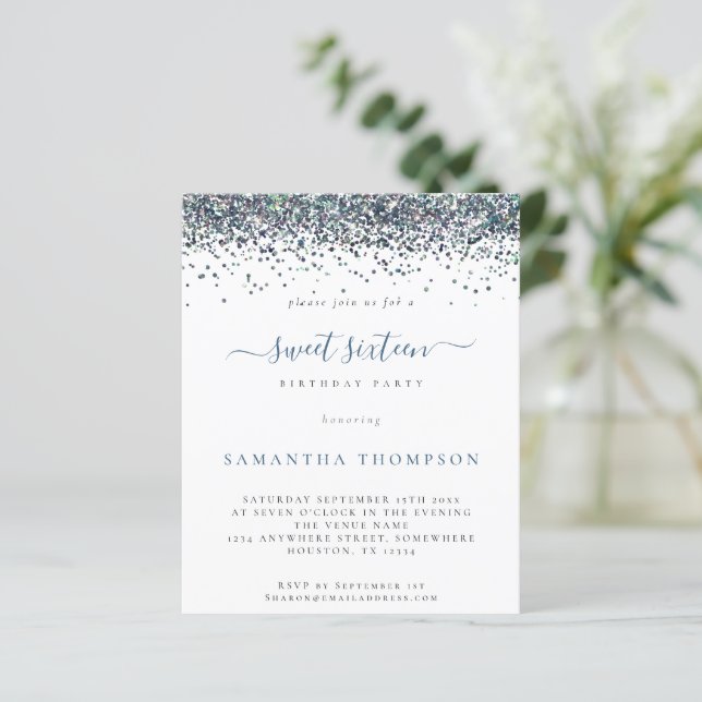 Budget Peacock Blue Glitzer Sweet 16 Einladung (Stehend Vorderseite)