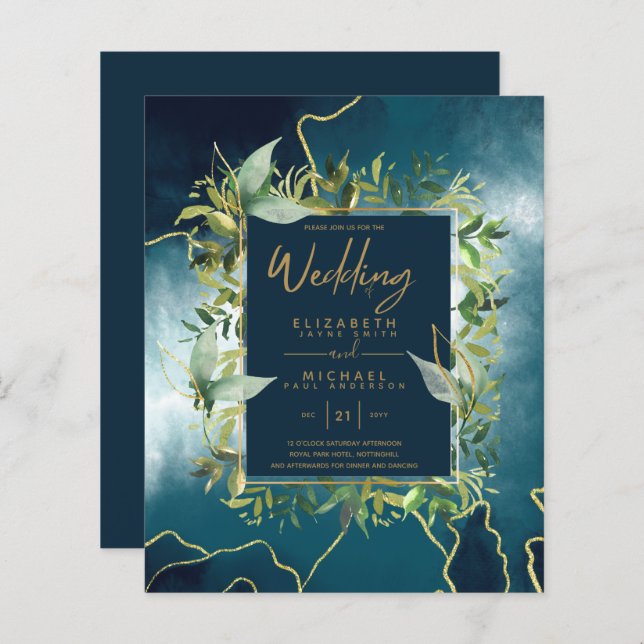 BUDGET Peacock Blue Gold Greenery Wedding Einladun (Vorne/Hinten)