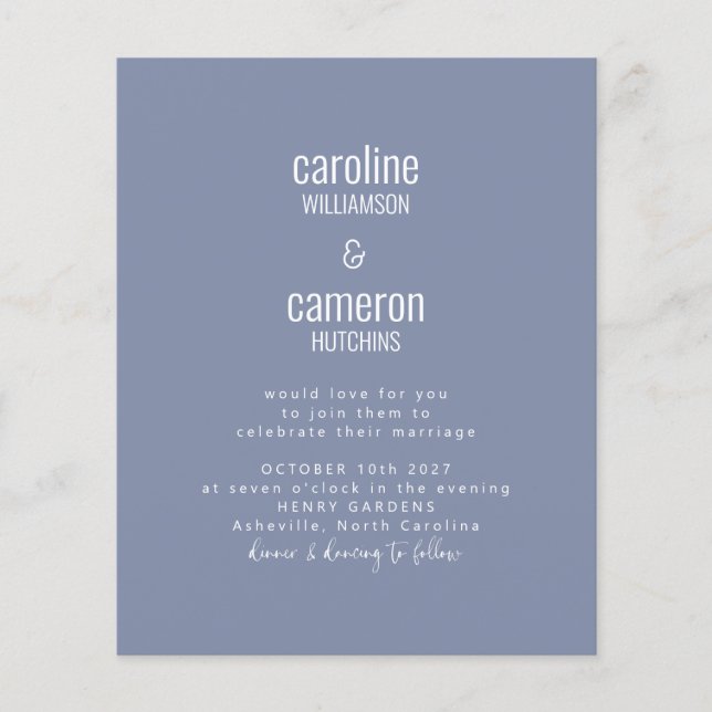 Budget Periwinkle Moderne Typografie Hochzeit (Vorderseite)