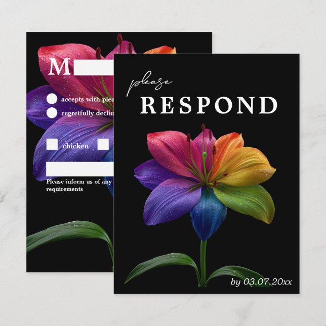 🌈 Budget Petals & Plates RSVP Karte (Vorne/Hinten)