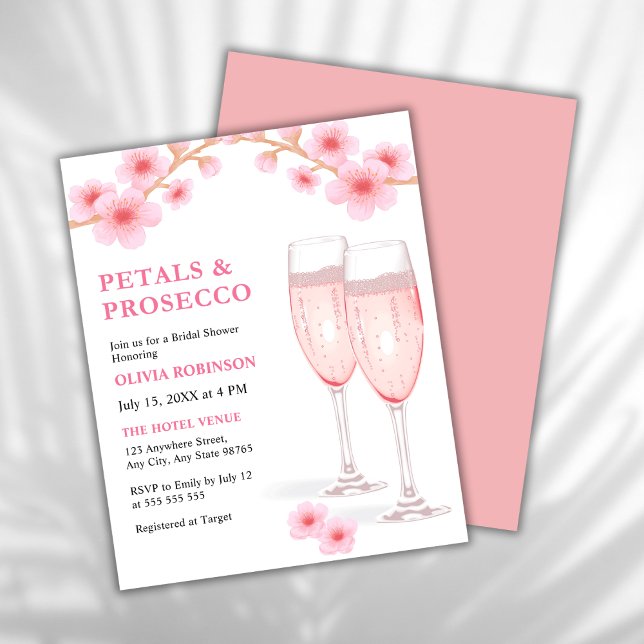 Budget Petals & Prosecco Pink Brautparty Einladung (Modern Elegant Petals and Prosecco Pink Watercolor Floral Bridal Shower Invitation    )