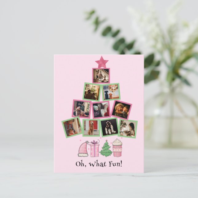 Budget Photo Oh What Fun Pink & Green Christmas Postkarte (Stehend Vorderseite)