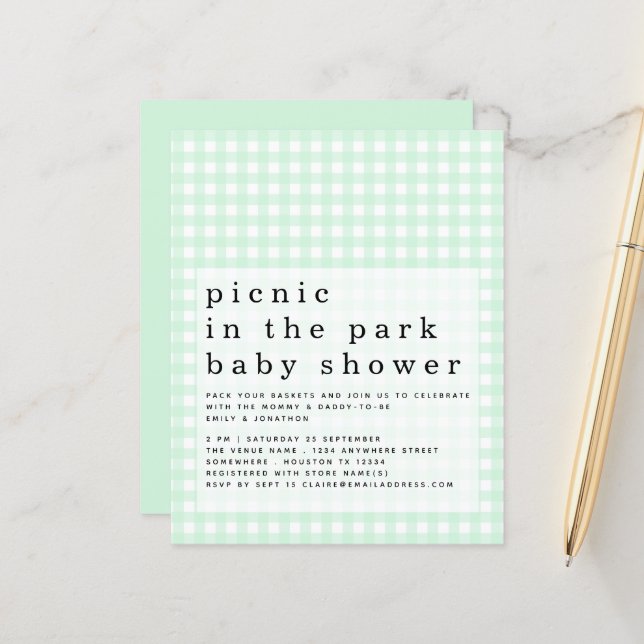 Budget Picnic Park Baby Dusche Green Gingham (Vorderseite/Rückseite Beispiel)