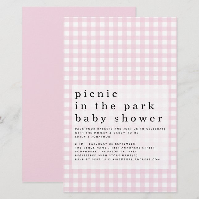Budget Picnic Park Baby Dusche Pink Gingham Einlad (Vorne/Hinten)