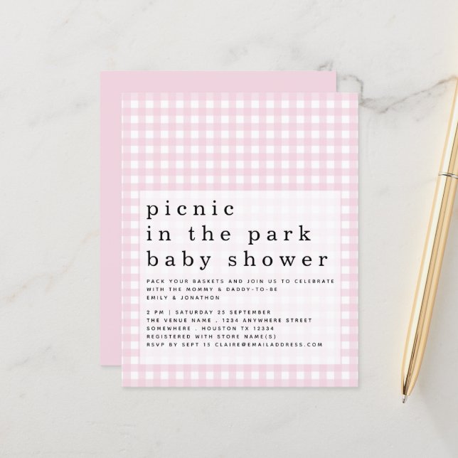 Budget Picnic Park Baby Dusche Pink Gingham Einlad (Vorderseite/Rückseite Beispiel)