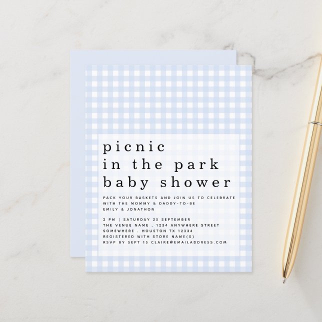 Budget Picnic Park Baby Shower Blue Gingham laden (Vorderseite/Rückseite Beispiel)