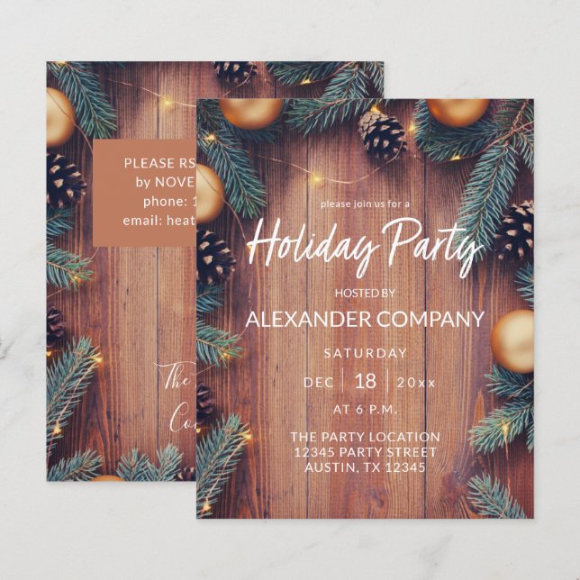Budget Pine & Gold Ornament Rustic Holiday Party (Vorne/Hinten)