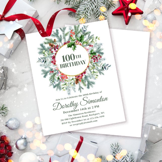Budget Pine Holly Berry 100th Birthday Einladung (Need a matching welcome sign? Maybe napkins and paper plates. Something else? Message me!)