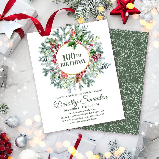 Budget Pine Holly Berry 100th Birthday Einladung (Need a matching welcome sign? Maybe napkins or paper plates. Something else? Message me!)