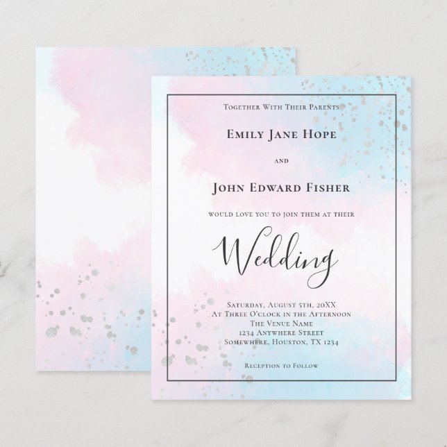 Budget Pink Aquamarin Watercolor Silver Wedite Ein (Vorne/Hinten)