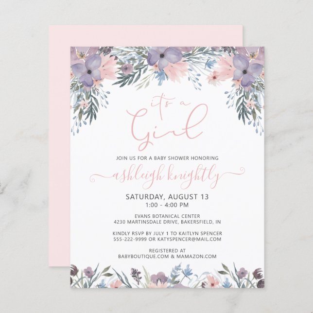 Budget Pink Aquarell Floral Girl Babydusche (Vorne/Hinten)