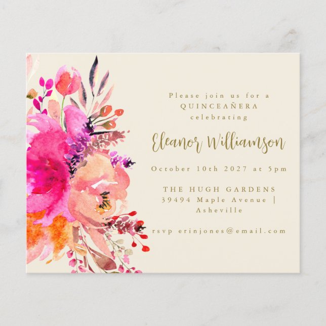 Budget Pink Aquarell Floral QUINCEAÑERA Einladung (Vorderseite)