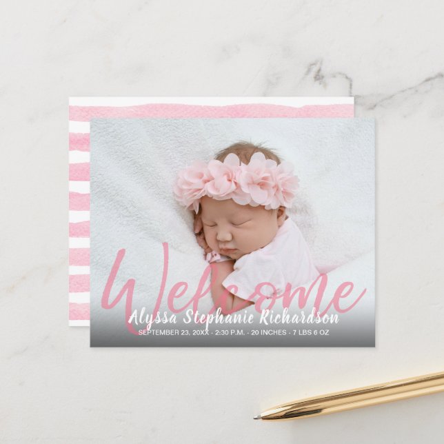 Budget Pink Begrüßung 1 Foto Kinderankündigung (Vorderseite/Rückseite Beispiel)