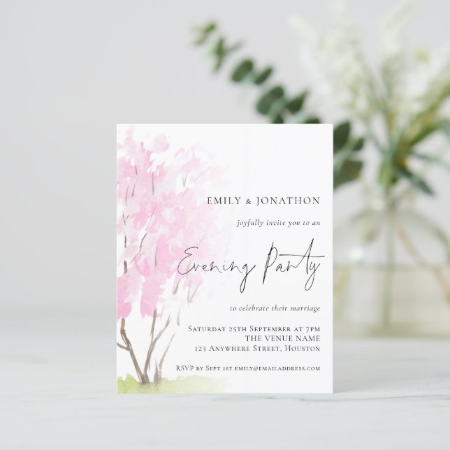 Budget Pink Blossom Wedding Abend Party Einladung (Stehend Vorderseite)